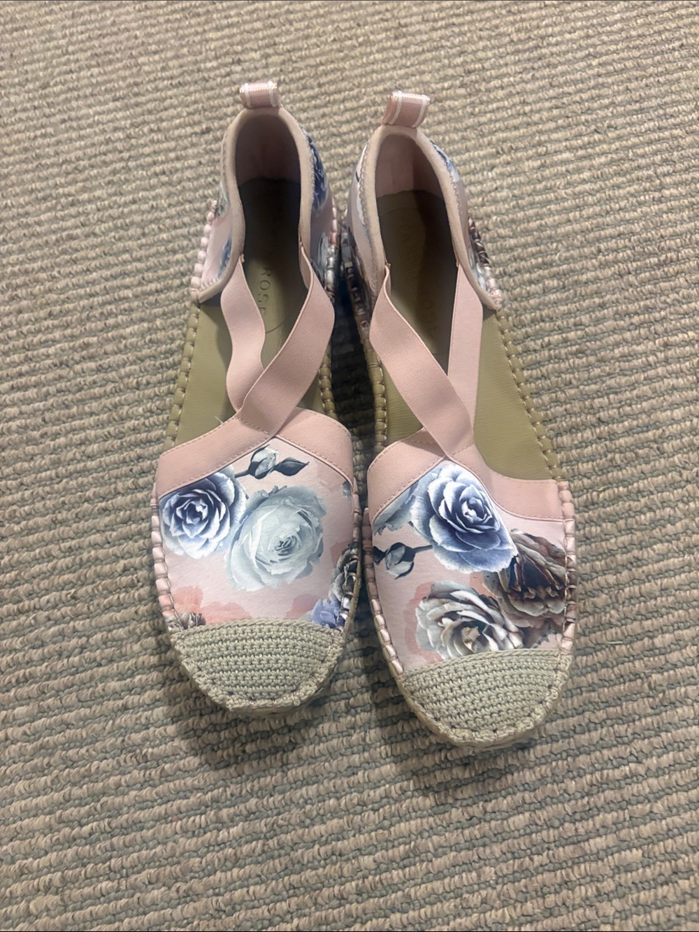 Taryn Rose Pink Floral Espadrilles with Blue Rose Detail